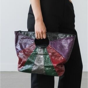 Vintage 80’s Patchwork Tote/ Foldover Clutch Multicolor Faux Leather